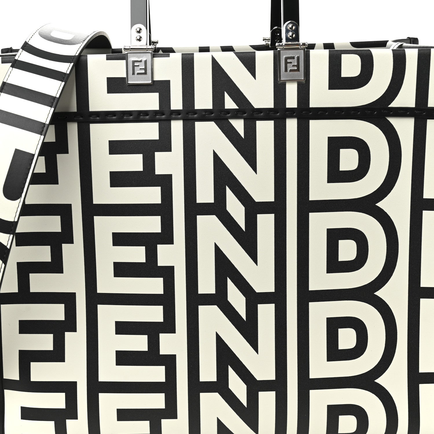 Fendi X MARC JACOBS Vitello King Logo Print Medium Fendi Sunshine Shopper Tote Black White 9 of 11