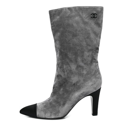 Chanel Suede Calfskin Satin Gabrielle Cap Toe Boots 39 Grey Black 1 of 9