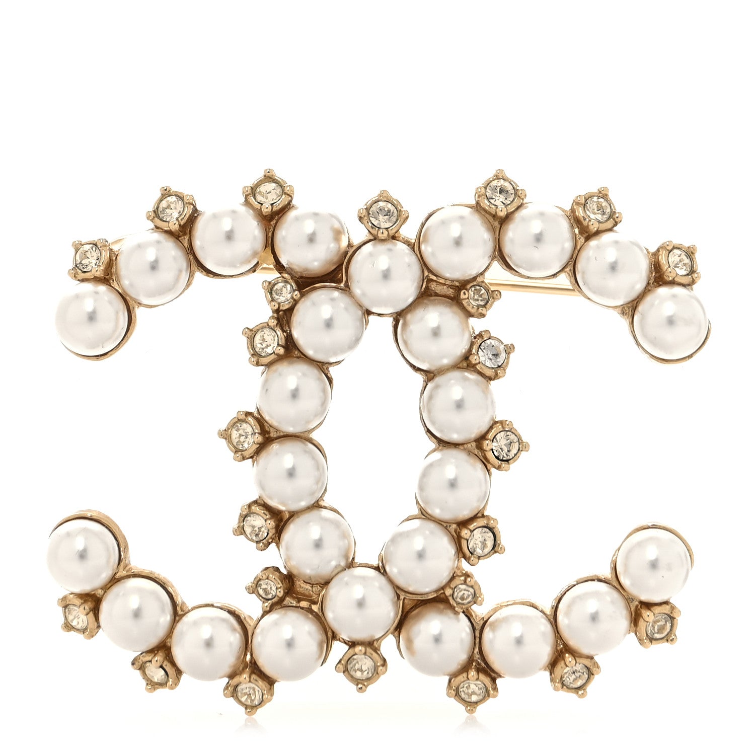 Chanel Pearl Crystal CC Brooch Gold 1 of 4