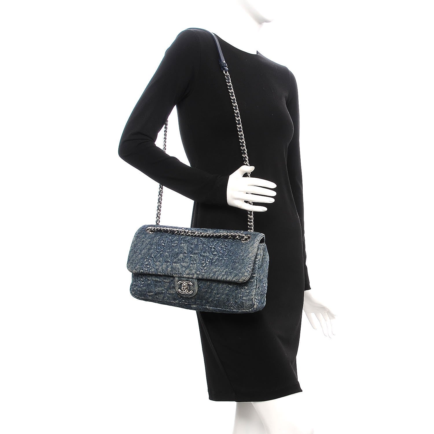 Chanel Denim Quilted Camellia Embroidered Large Flap Blue 2 of 10