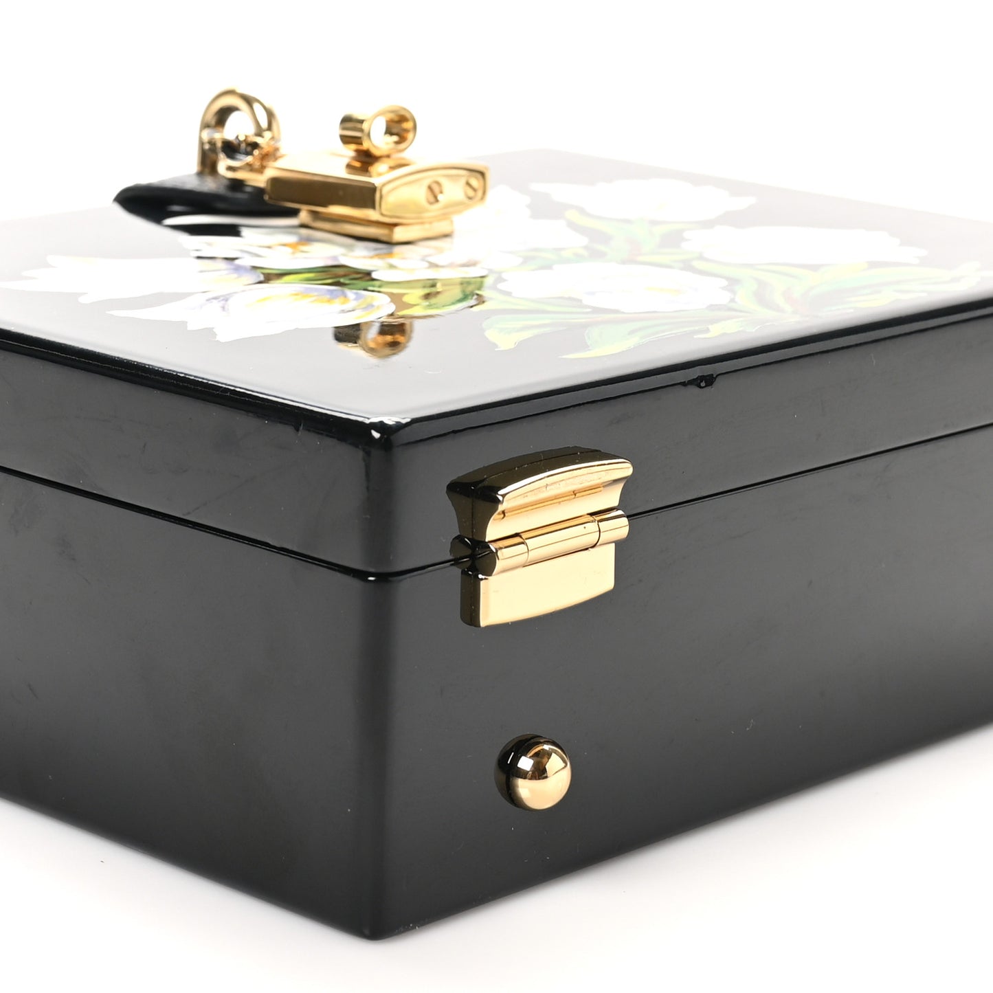 Plexiglass Calfskin Lizard Embossed Floral Box Bag Black