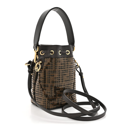 Fendi Fabric Jacquard Paillettes Vitello Seta FF 1974 Embroidered Mini Mon Tresor Bucket Bag Tobacco Moro 3 of 11