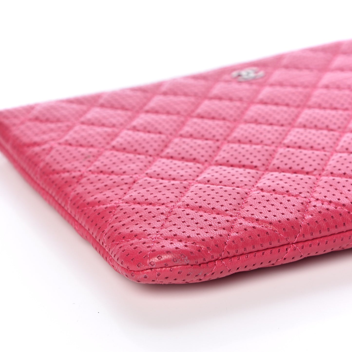 Perforated Lambskin Quilted Medium Zip Pouch Pink