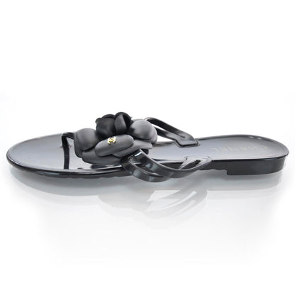 Chanel Jelly Camellia Thong Sandals 37 Black 1 of 6