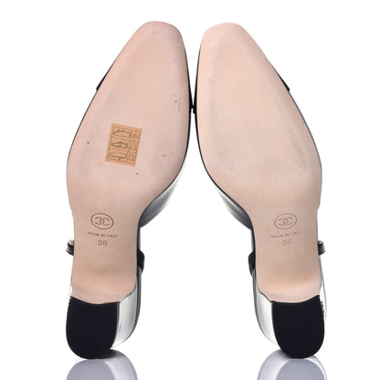Chanel Goatskin Grosgrain Cap Toe CC Slingback Sandals 36 Black 5 of 9