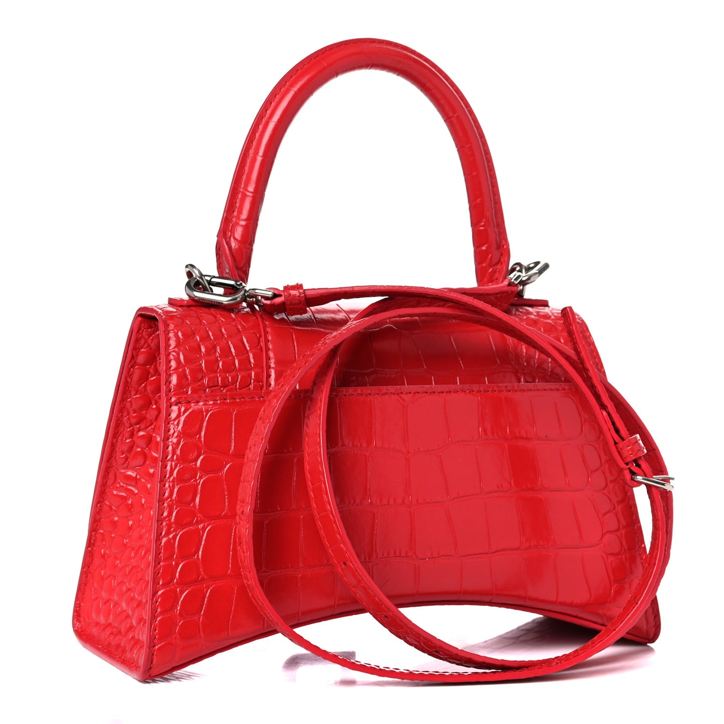 Shiny Calfskin Tonal B Crocodile Embossed Small Hourglass Top Handle Bag Bright Red