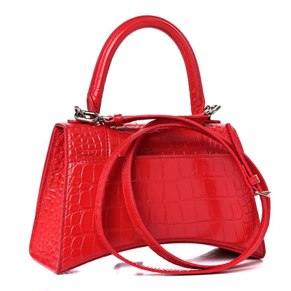 Balenciaga Shiny Calfskin Tonal B Crocodile Embossed Small Hourglass Top Handle Bag Bright Red 3 of 17