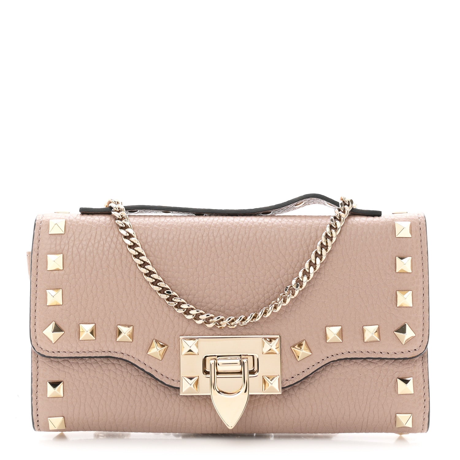 Valentino Garavani Pebbled Calfskin Rockstud Flip Lock Wallet On Chain Poudre 1 of 10