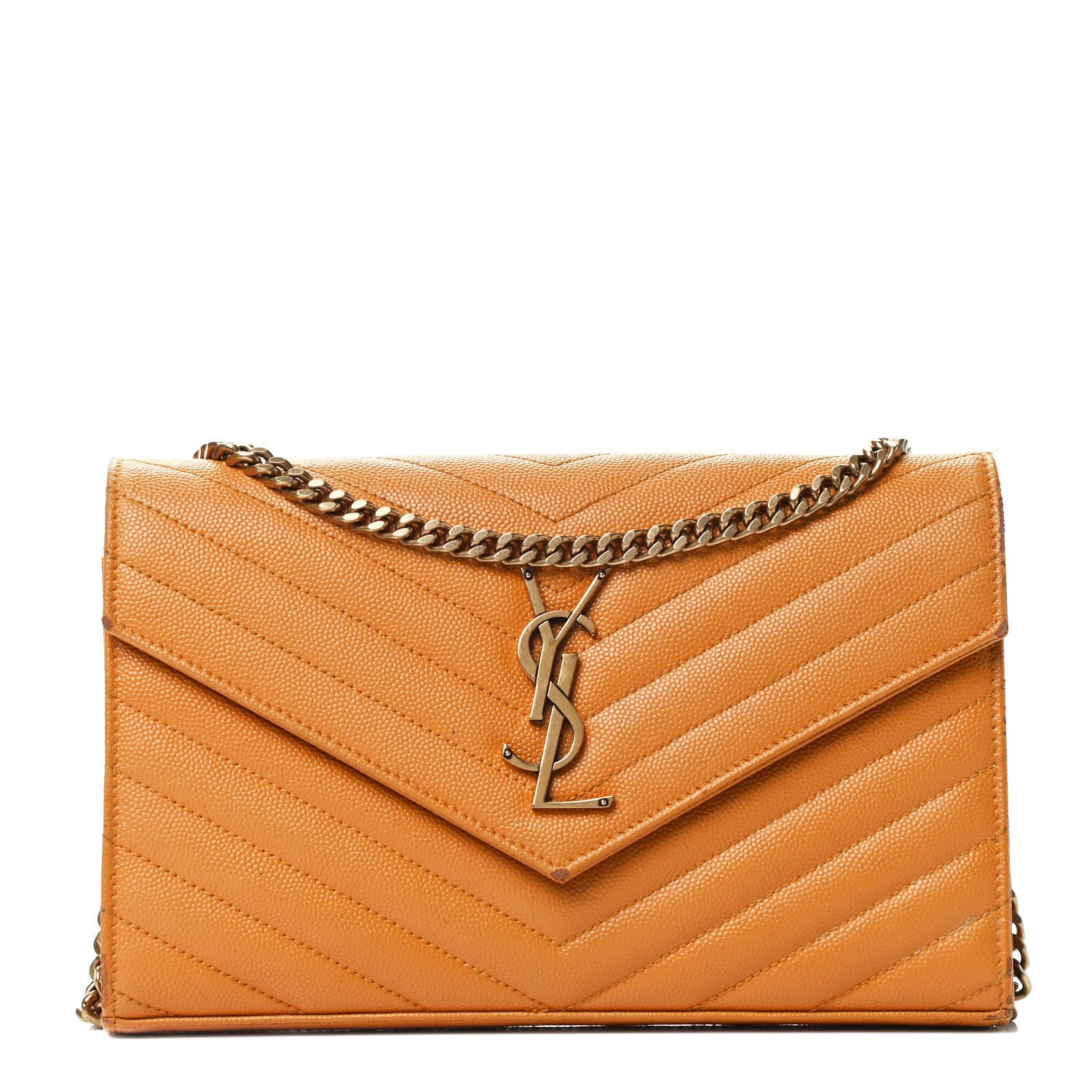 Saint Laurent Grain De Poudre Matelasse Chevron Monogram Chain Wallet Mustard 1 of 5
