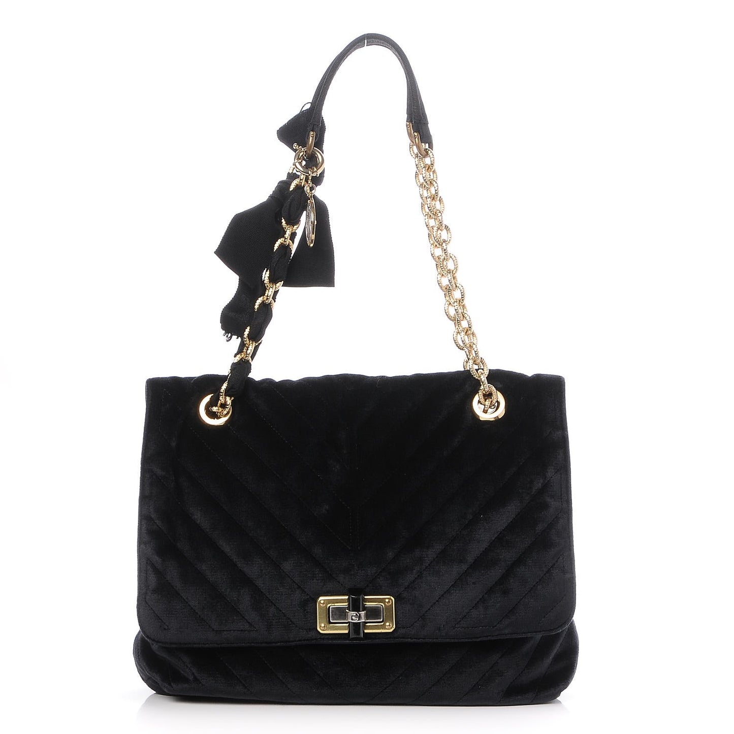 Velvet Quilted Medium Happy Shoulder Bag Black