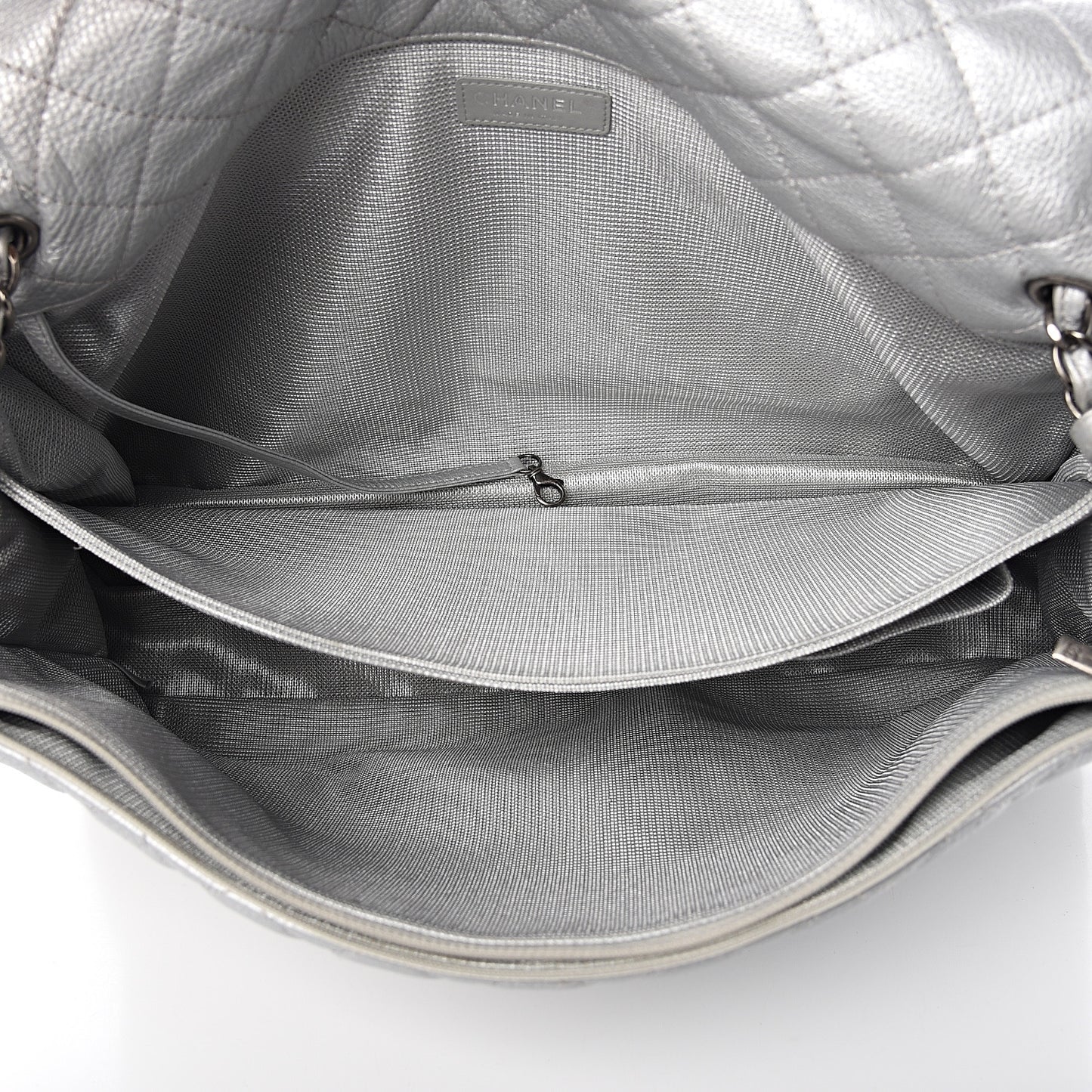 Metallic Calfskin Quilted XXL Travel Flap Bag Silver