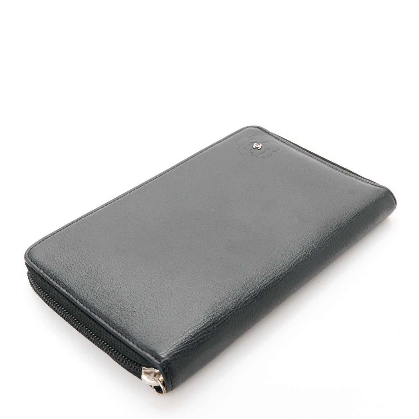 Goatskin Camellia Embossed Zip Around Organizer Wallet Black