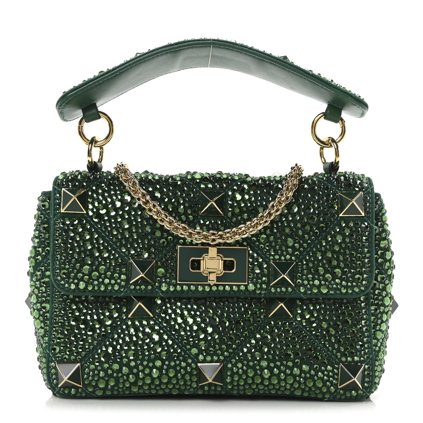 Crystal Suede Enamel Medium Roman Stud Shoulder Bag Green