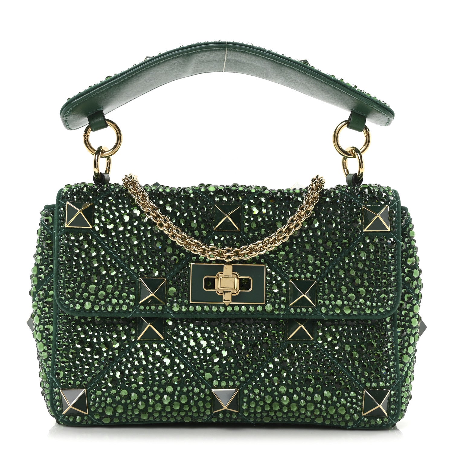 Valentino Garavani Crystal Suede Enamel Medium Roman Stud Shoulder Bag Green 1 of 9
