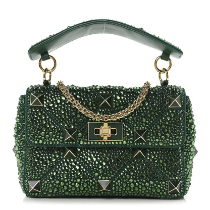 Valentino Garavani Crystal Suede Enamel Medium Roman Stud Shoulder Bag Green 1 of 9