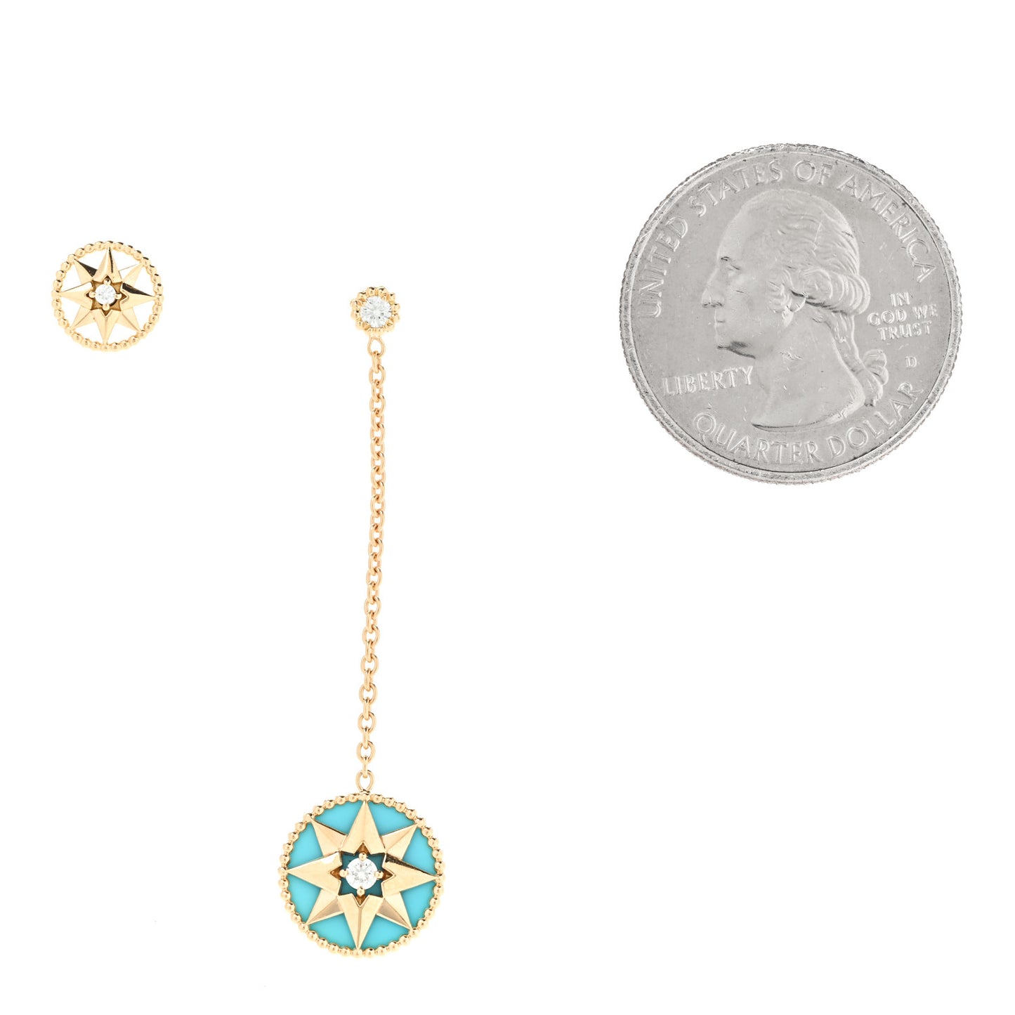 18K Yellow Gold Diamond Turquoise Rose Des Vents Drop Stud Earrings