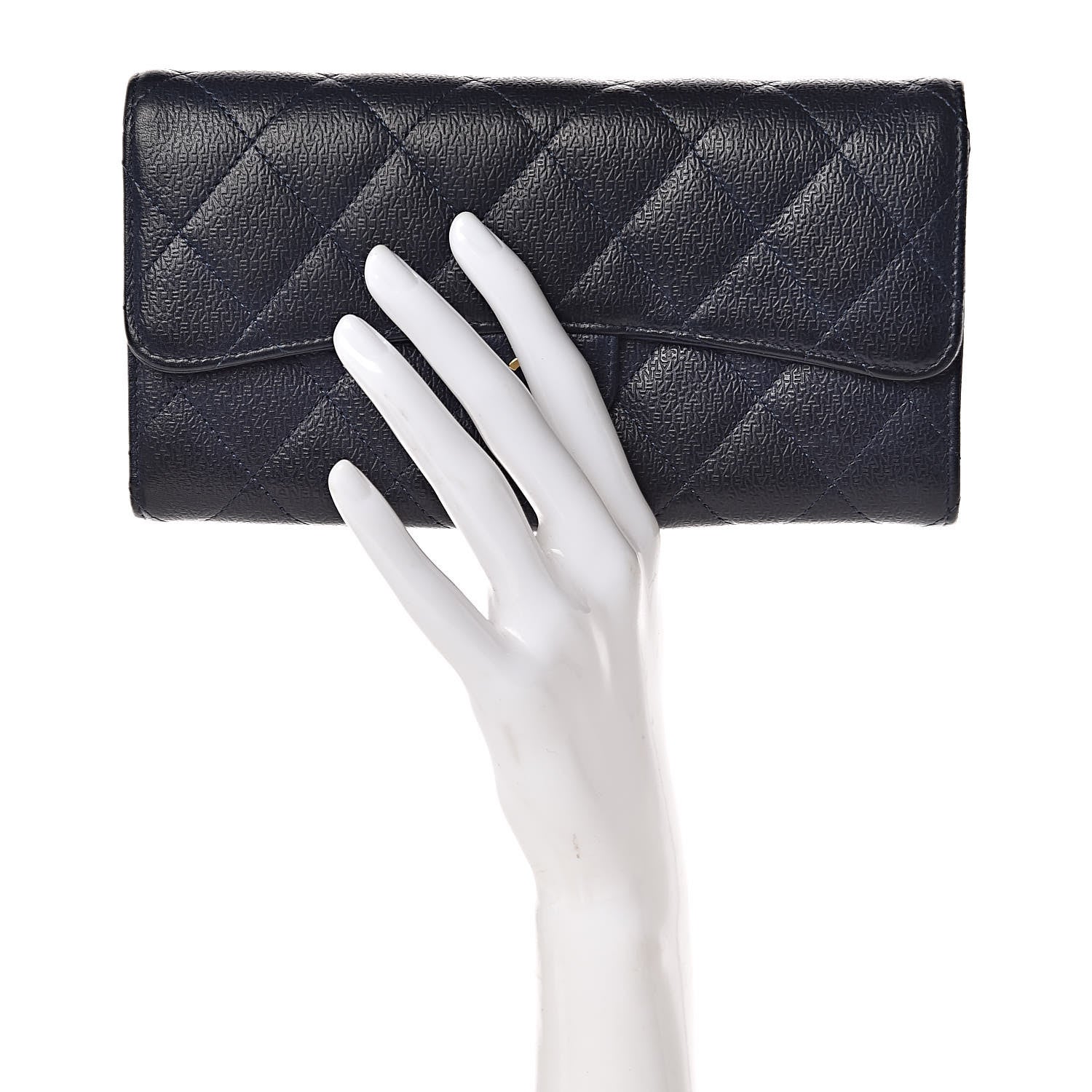 Chanel Letter Calfskin Embossed Quilted Large Gusset Flap Wallet Navy 2 of 15