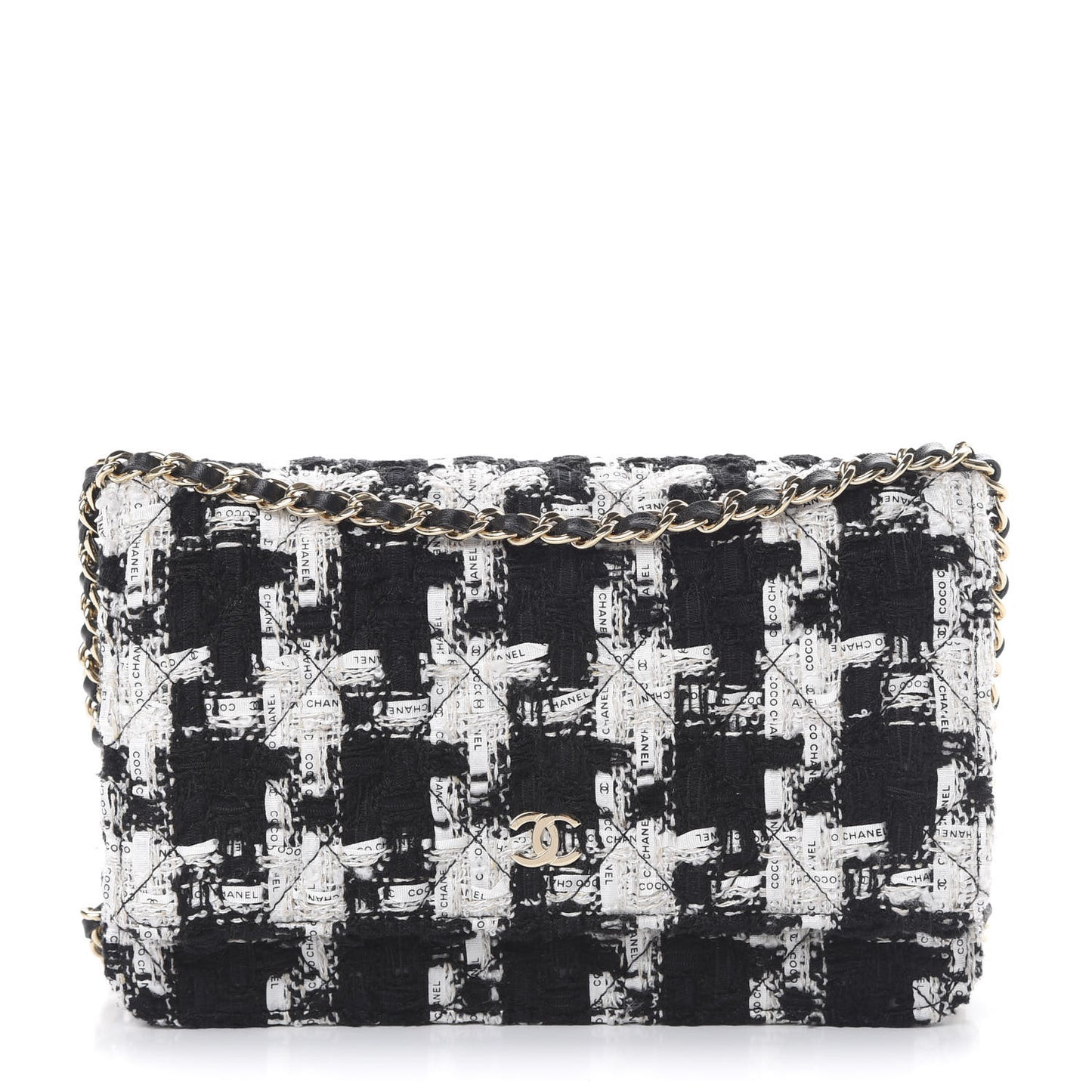 Tweed Quilted Wallet On Chain WOC Black Ecru White