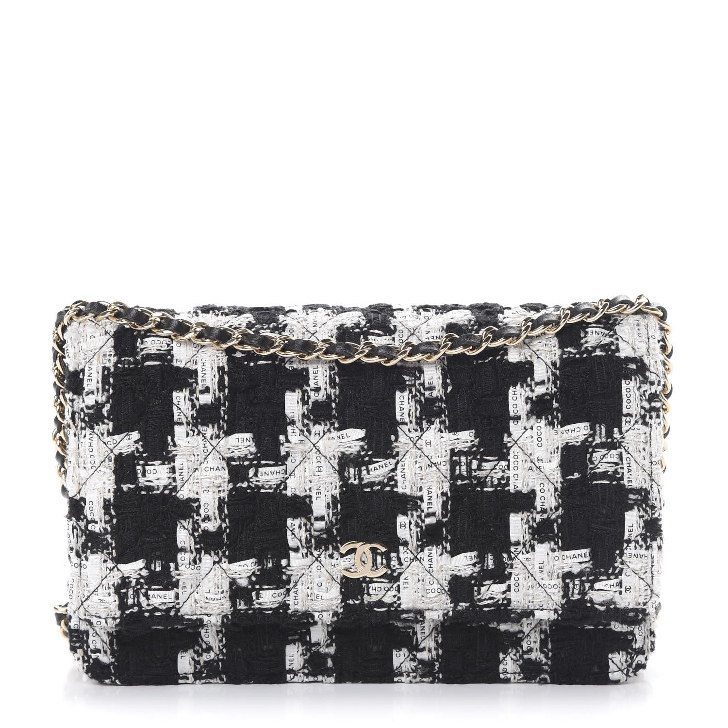 Chanel Tweed Quilted Wallet On Chain WOC Black Ecru White 1 of 12