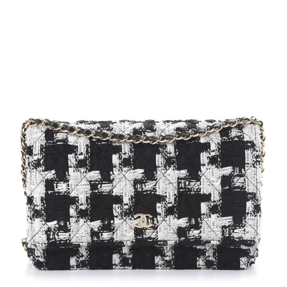 Chanel Tweed Quilted Wallet On Chain WOC Black Ecru White 1 of 12