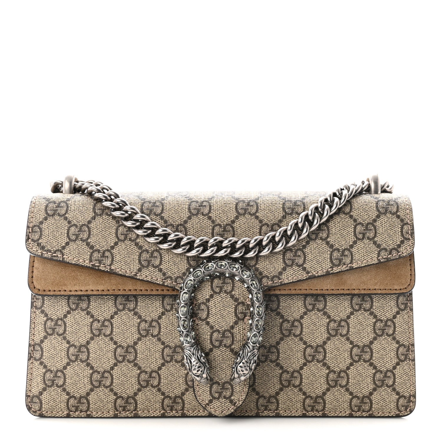 Gucci GG Supreme Monogram Suede Crystal Small Dionysus Shoulder Bag Beige Ebony Taupe 1 of 10