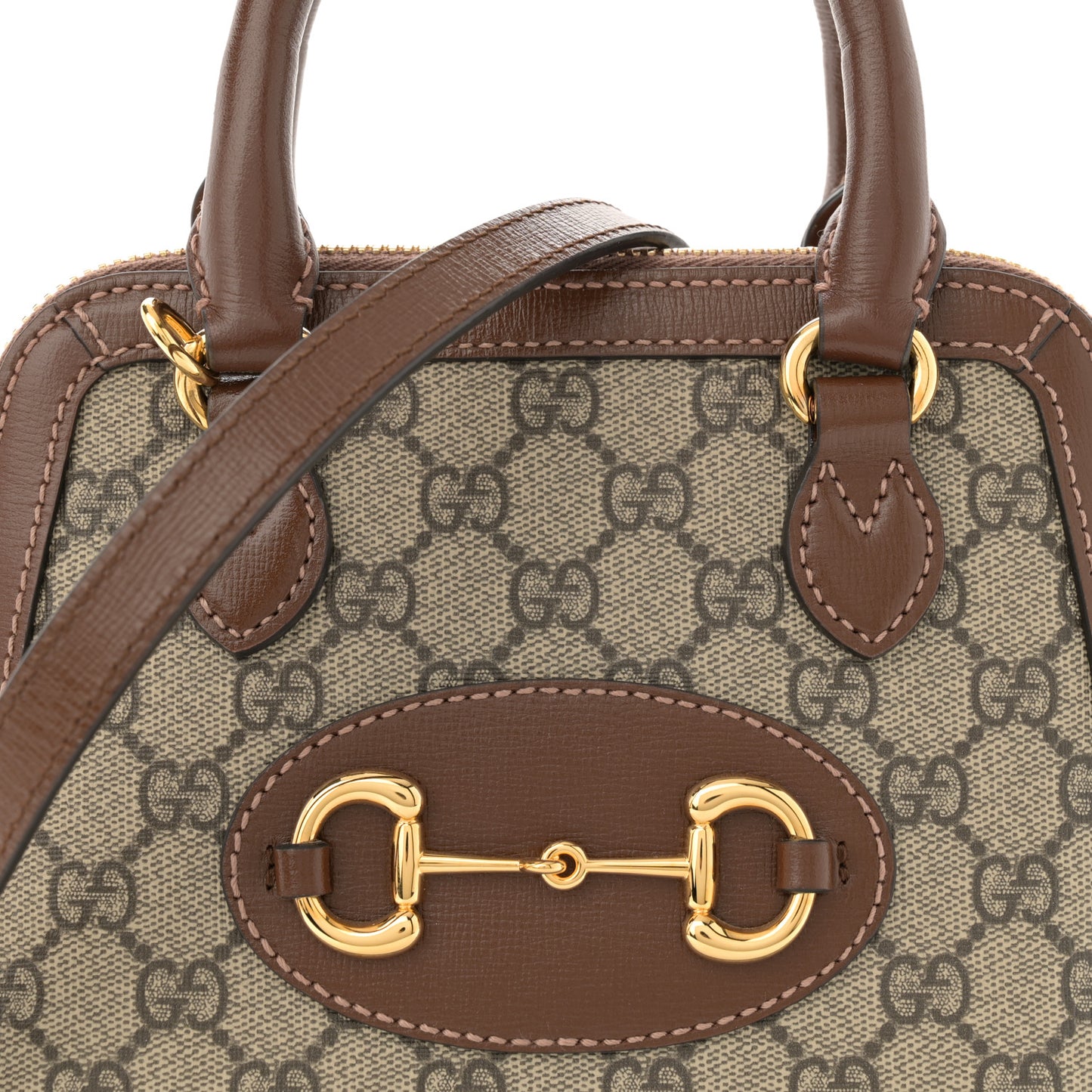 GG Supreme Monogram Azalea Calfskin Mini Horsebit 1955 Top Handle Bag Beige Ebony Brown Sugar
