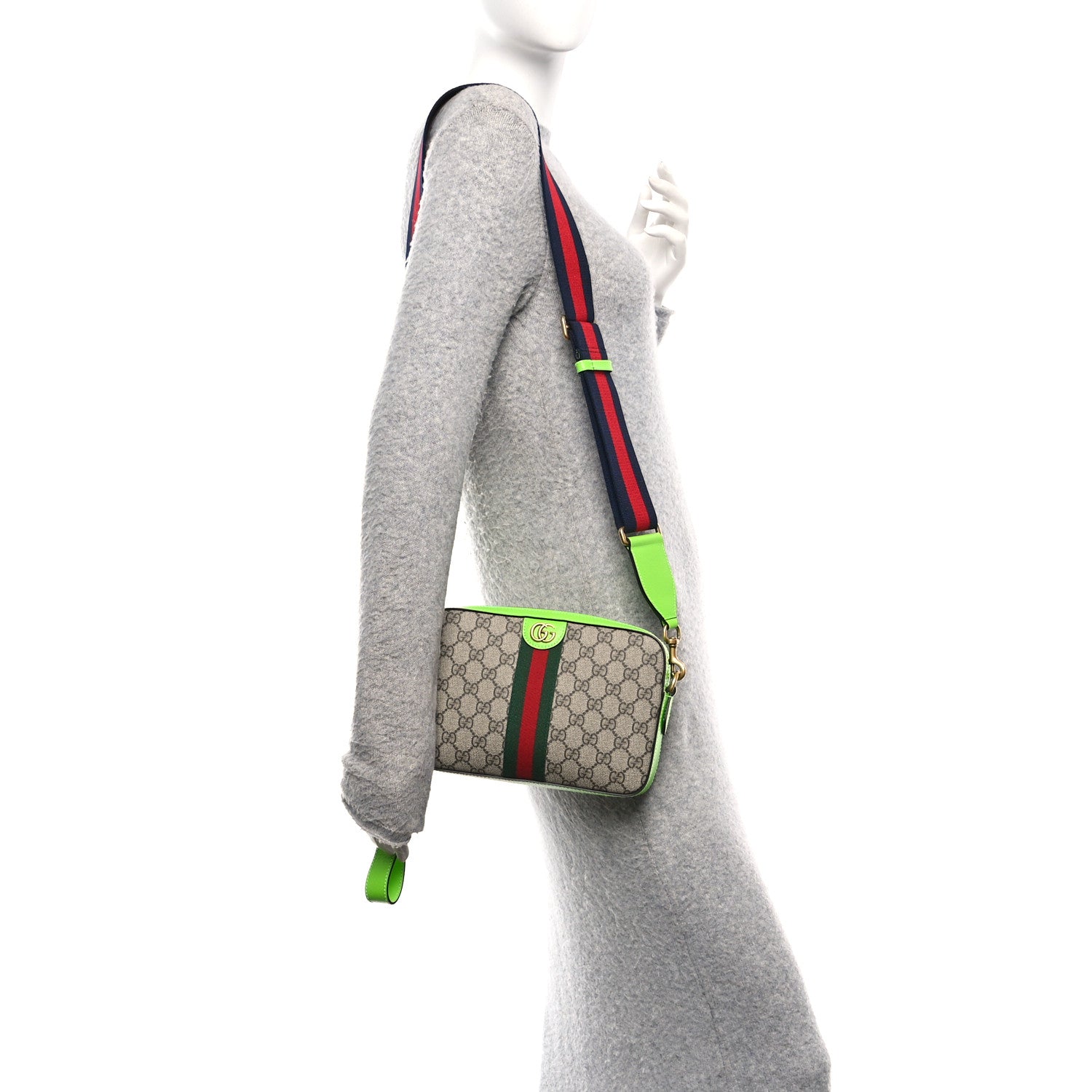 Gucci GG Supreme Monogram Textured Dollar Calfskin Web Ophidia Wristlet Shoulder Bag Beige Ebony Green 2 of 10
