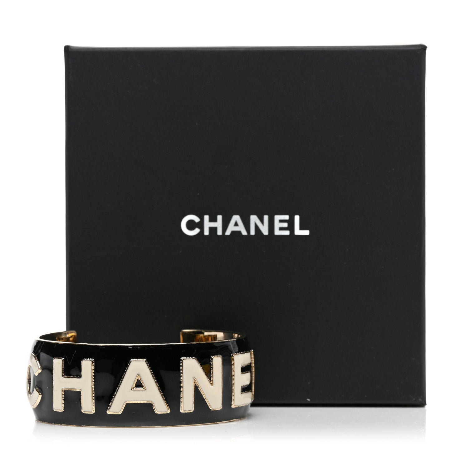 Metal Enamel Wide Chanel Logo Cuff Bracelet L Black White