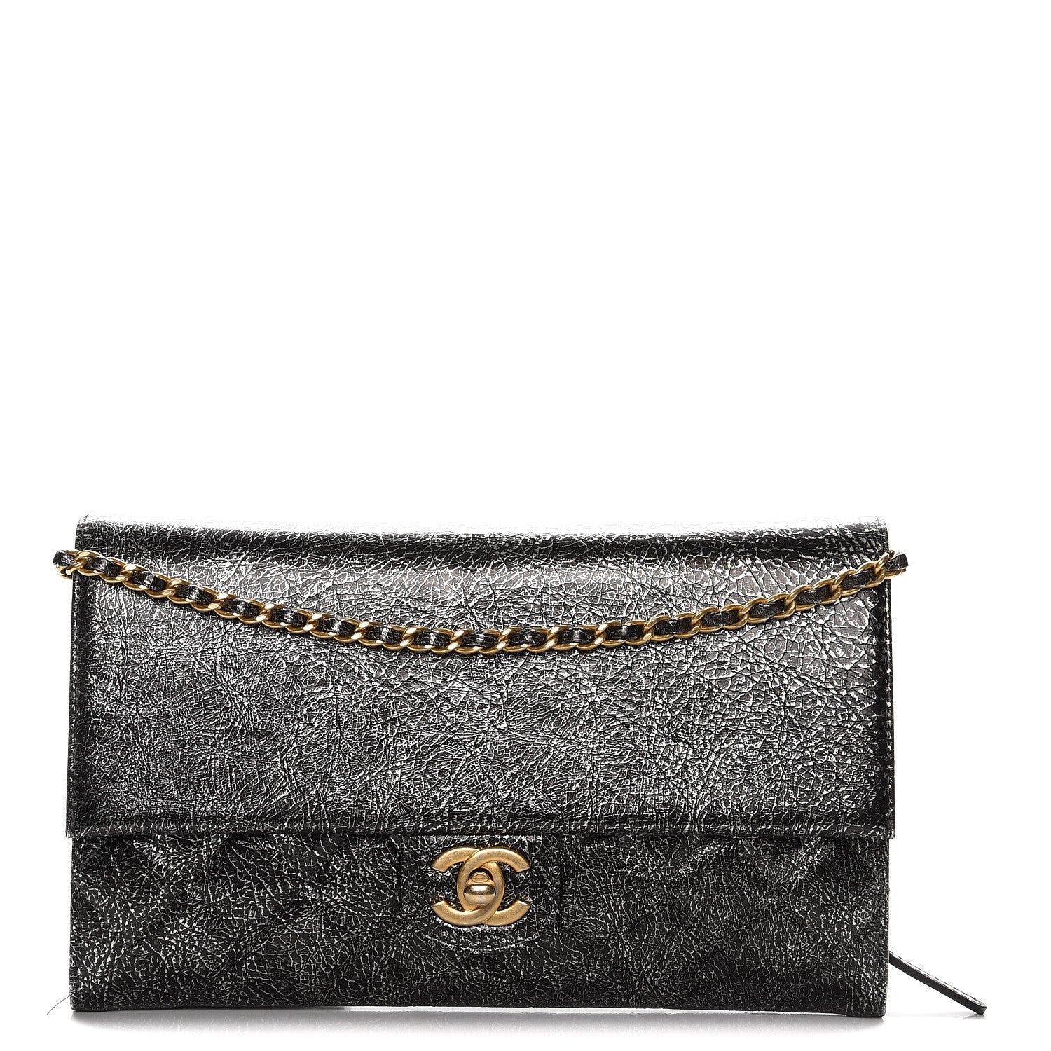 Chanel Cracked Metallic Calfskin Quilted Zip Away Chain Clutch Dark Silver 1 of 9
