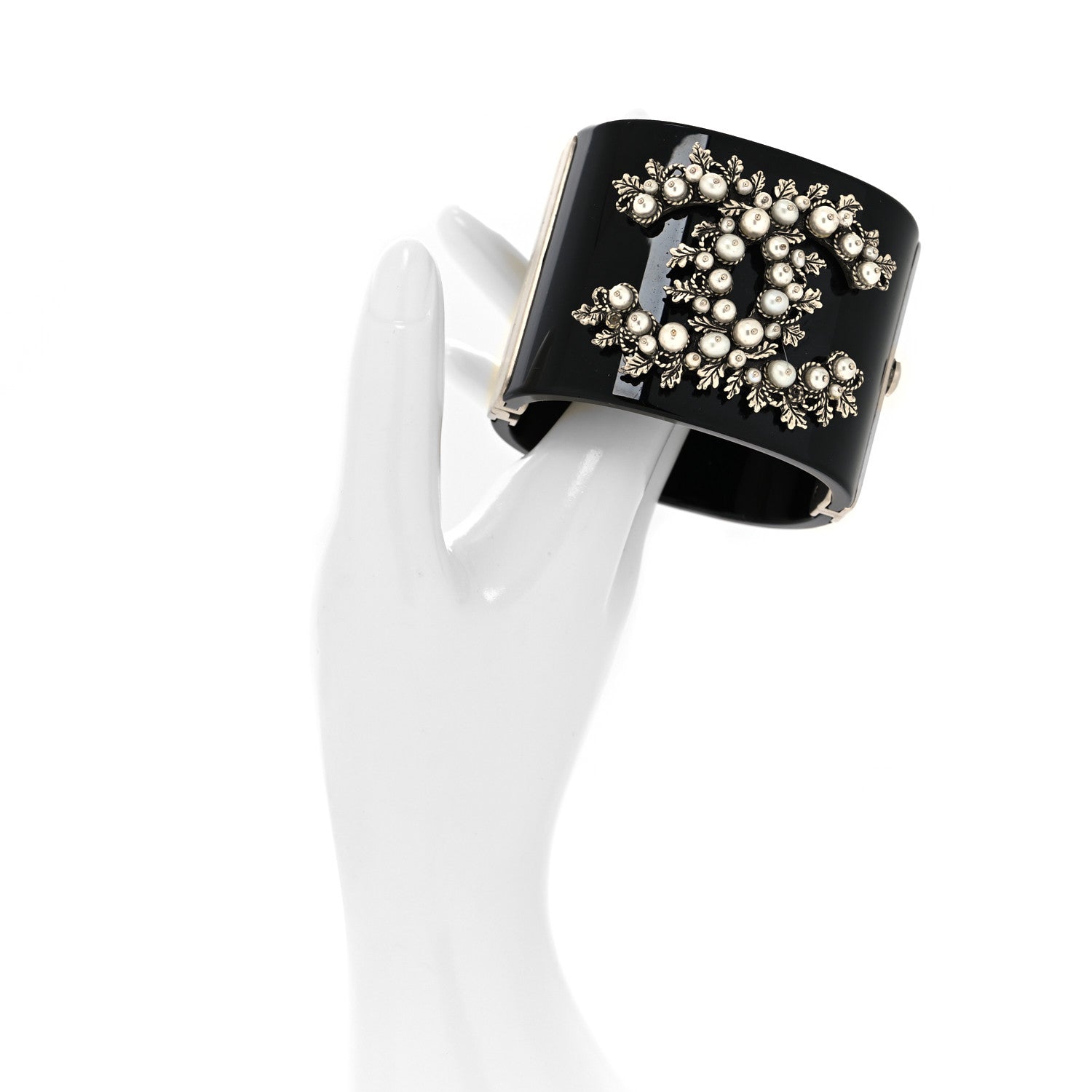 Chanel Pearl CC Pewter Leaf Cuff Bracelet Black 2 of 5