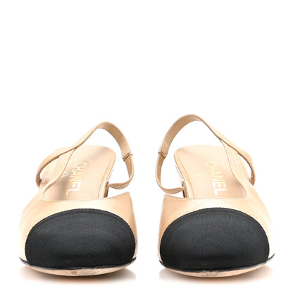 Chanel Goatskin Grosgrain Cap Toe CC Slingback Pumps 37.5 Beige Black 3 of 8