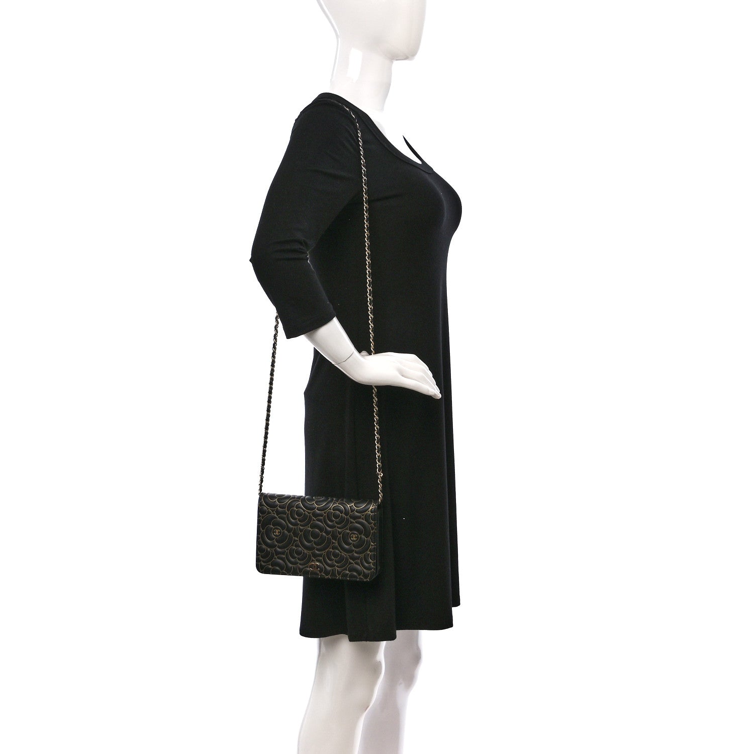 Chanel Lambskin Camellia Embossed Wallet On Chain WOC Black Gold 2 of 10