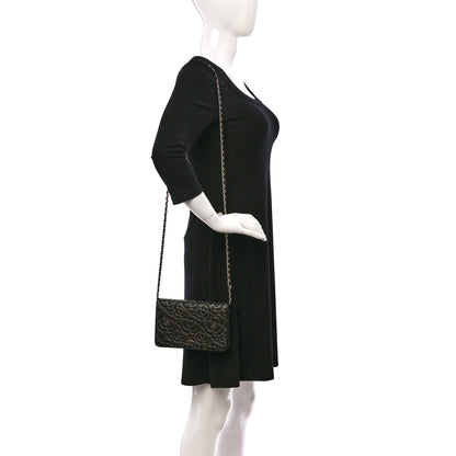 Chanel Lambskin Camellia Embossed Wallet On Chain WOC Black Gold 2 of 10