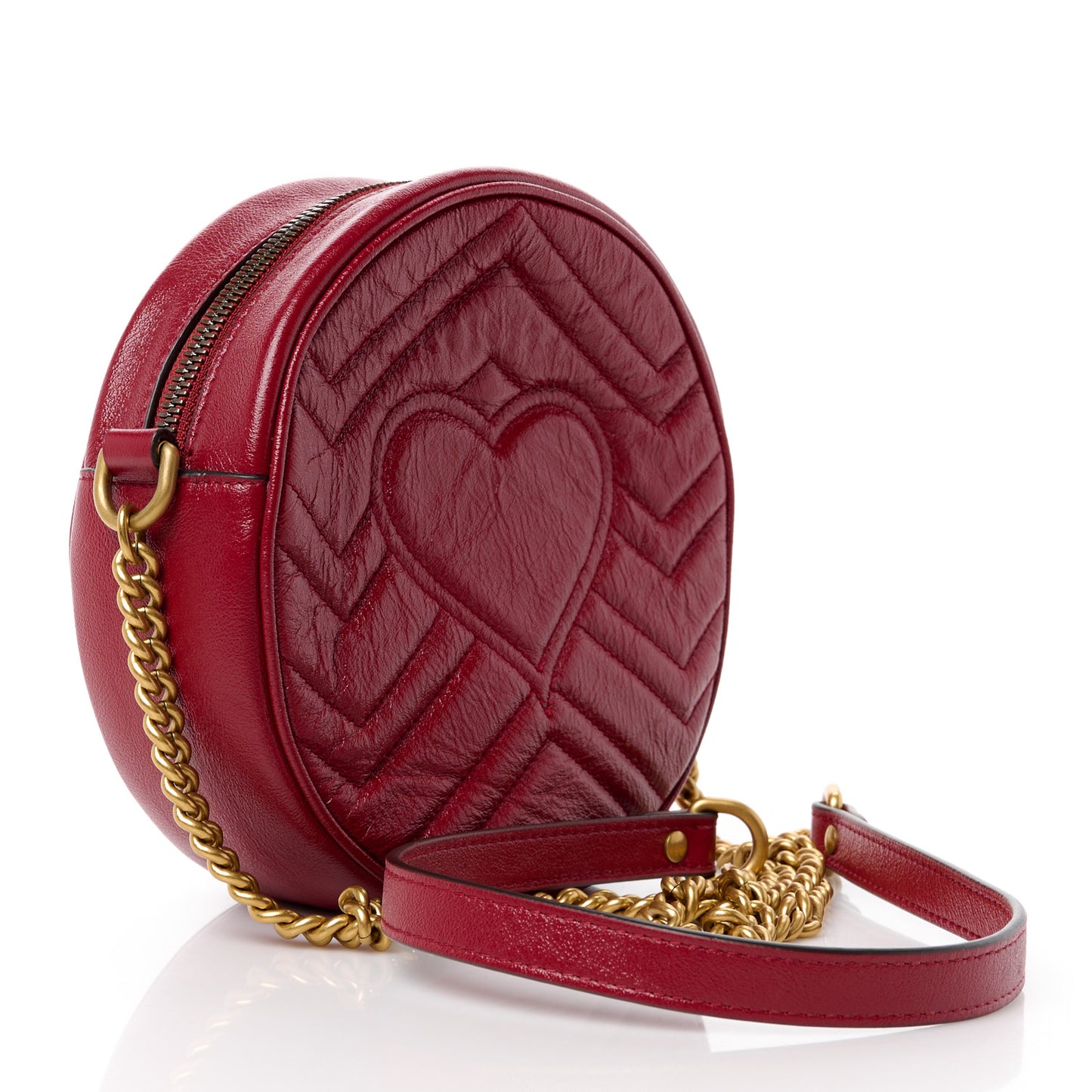 Glazed Calfskin Matelasse Heart Mini GG Marmont Round Shoulder Bag Romantic Cerise