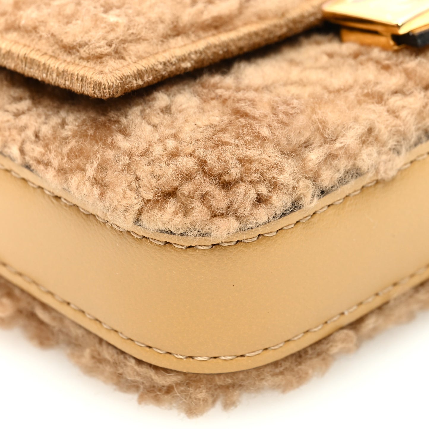 Curly Shearling Shiny Nappa Nano Baguette Charm Camel