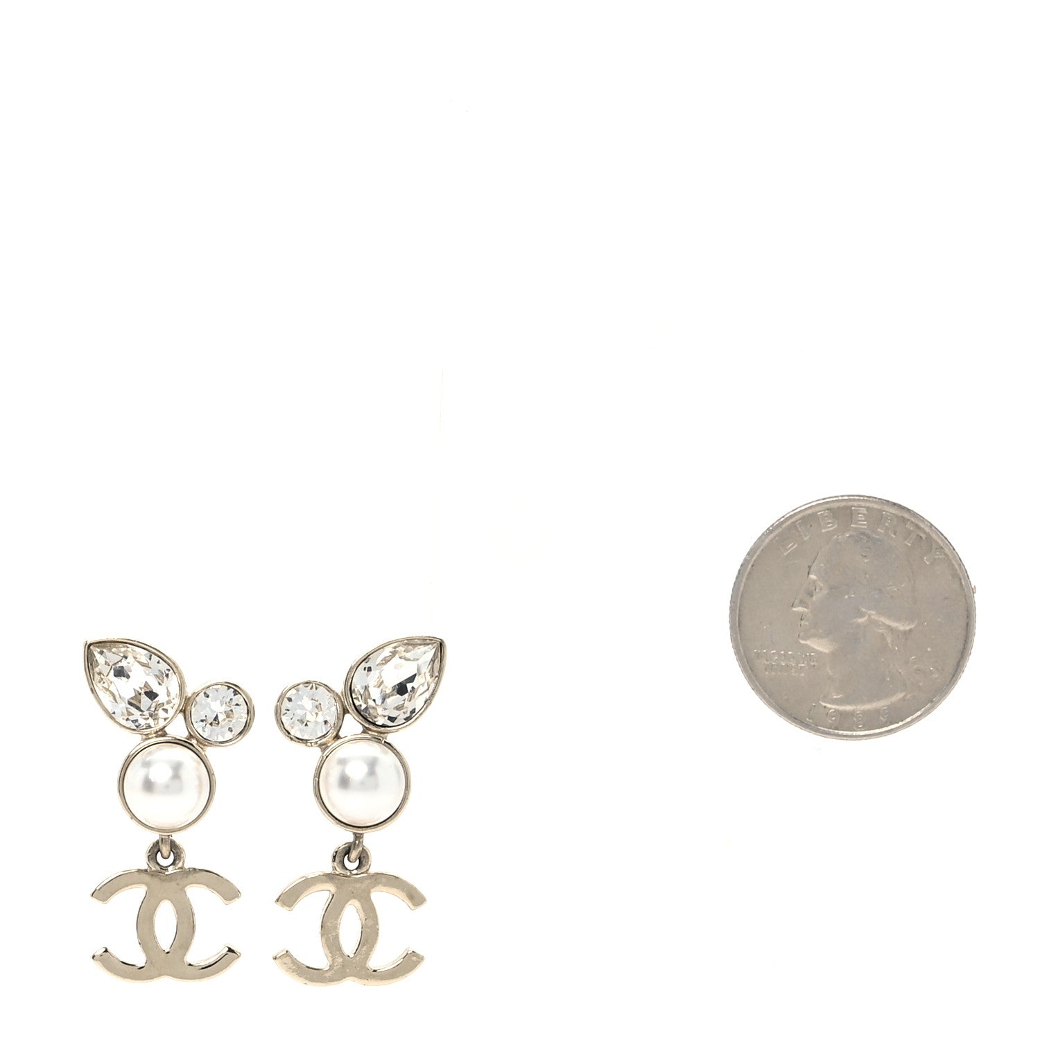 Chanel Pearl Crystal CC Drop Earrings Gold 2 of 5