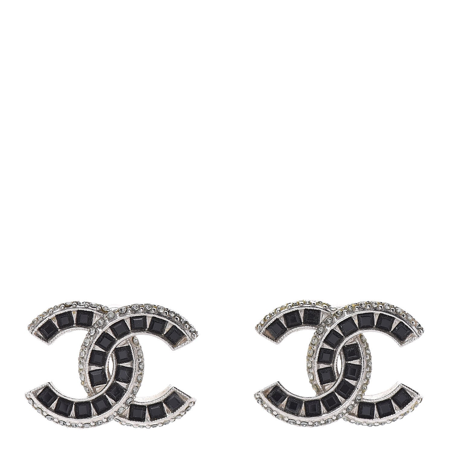 Chanel Baguette Crystal CC Earrings Silver Black 1 of 8