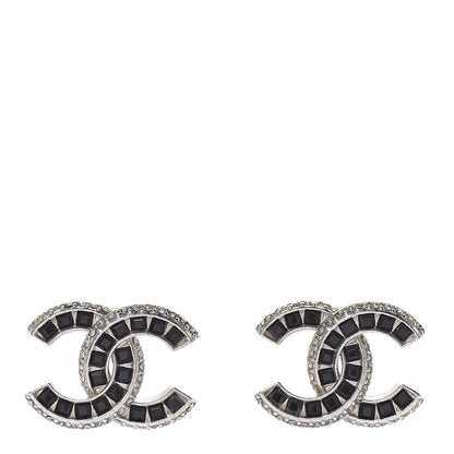 Chanel Baguette Crystal CC Earrings Silver Black 1 of 8
