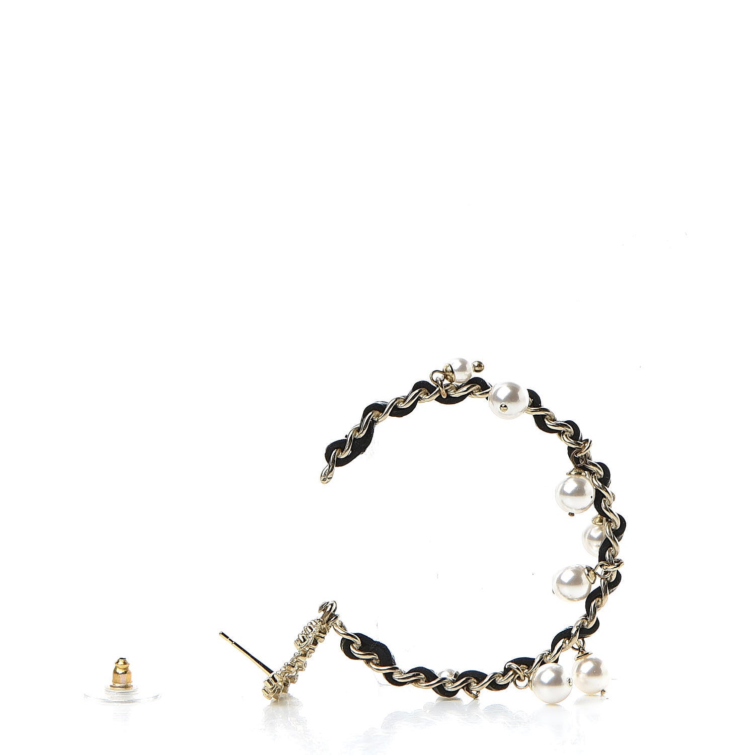 Chanel Lambskin Pearl Crystal CC Chain Hoop Earrings Gold Black 3 of 5