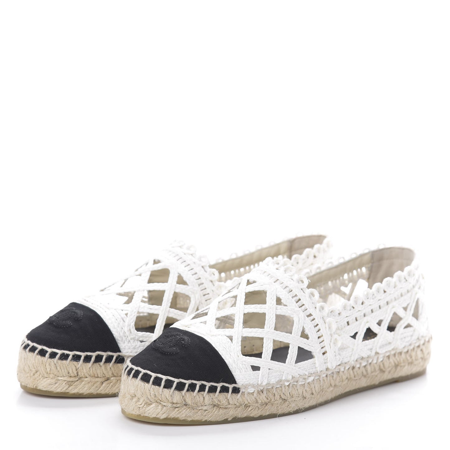 Woven Fabric Grosgrain CC Espadrilles 38 White Black