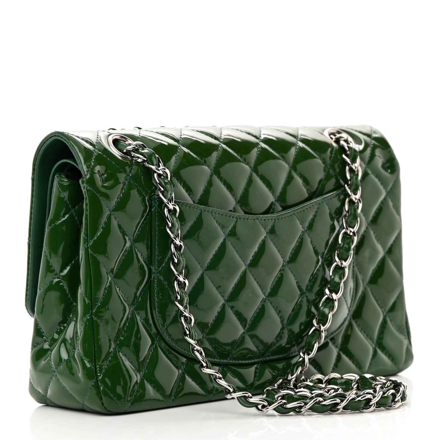 Patent Calfskin Quilted Medium Double Flap Green