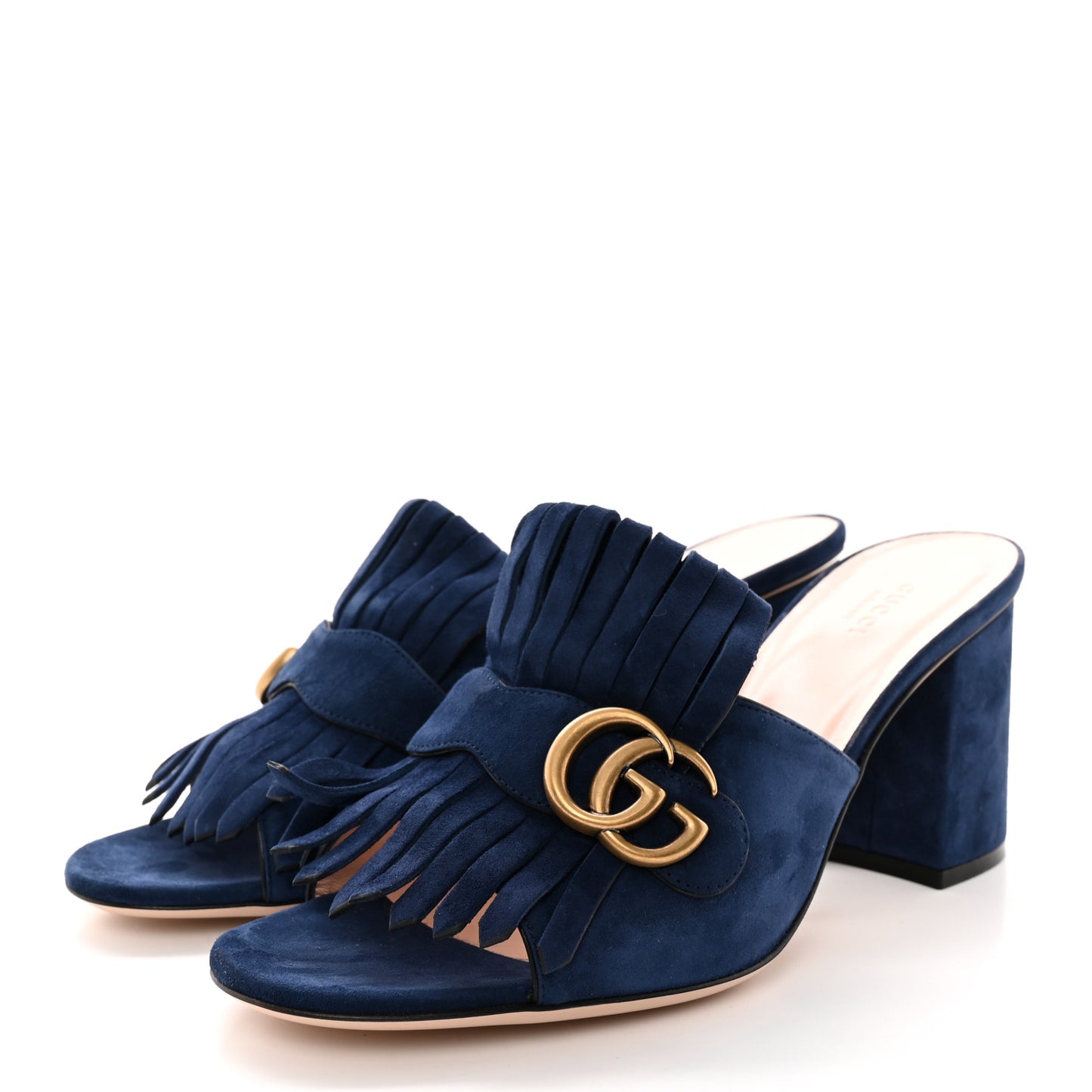 Kid Scamosciato GG Marmont Fringe 75mm Slide Sandals 41.5 Blue Ink