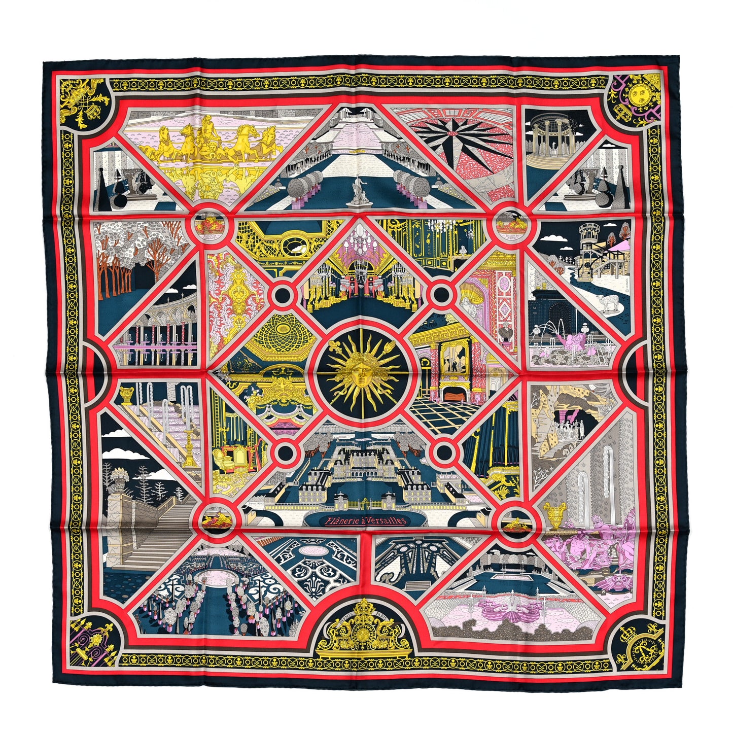 Silk Flanerie A Versailles Scarf 90 Ardoise Rouge Jaune