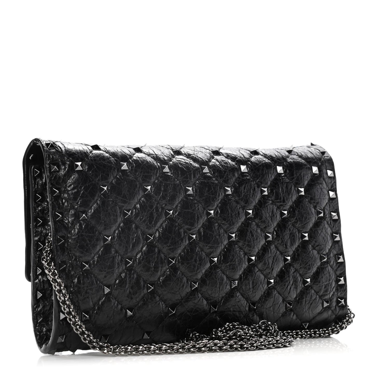 Craquele Nappa Rockstud Spike Wallet on Chain Black