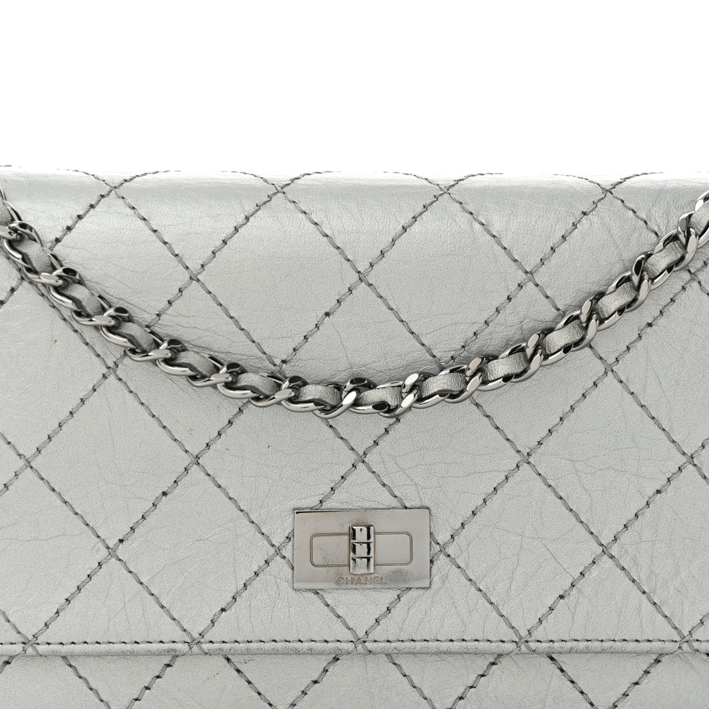 Metallic Aged Calfskin Quilted Reissue Wallet On Chain WOC Silver