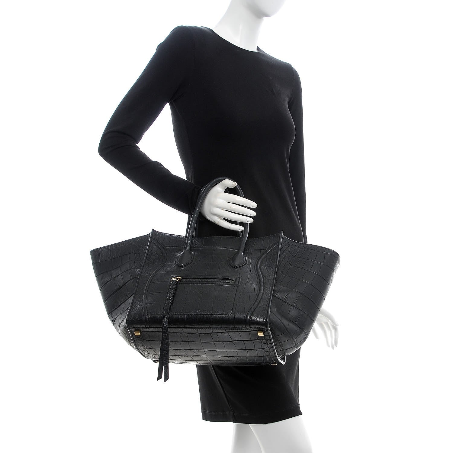 Celine Crocodile Embossed Calfskin Medium Phantom Luggage Black 2 of 11