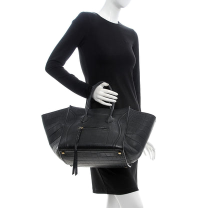 Celine Crocodile Embossed Calfskin Medium Phantom Luggage Black 2 of 11