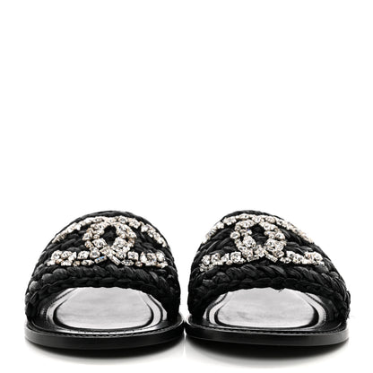 Chanel Raffia Crystal CC Mules Sandals 36 Black 2 of 10