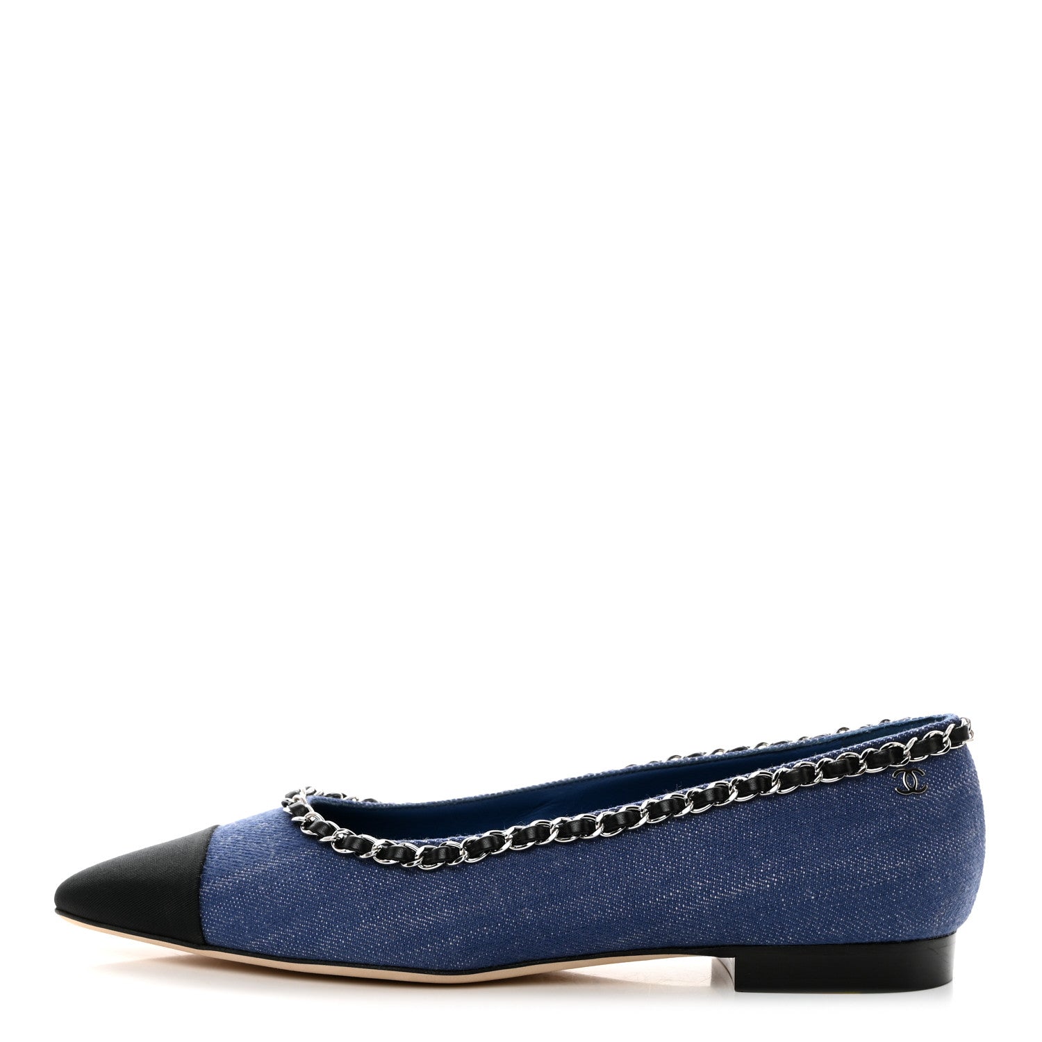 Chanel Fabric Grosgrain Chain Cap Toe Flats 39 Blue Black 1 of 9