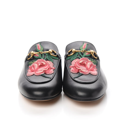 Gucci Calfskin Flower Embroidered Womens Princetown Slippers 37.5 Black 2 of 9